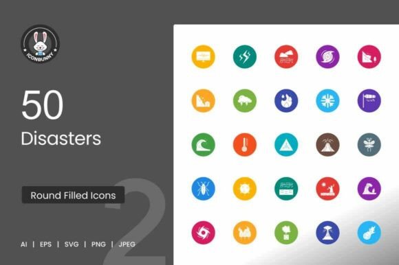 50 Disasters Flat Round Icons for Graphics and Icons