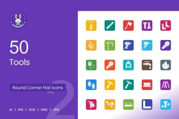 50 Tools Filled Round Corner Icons