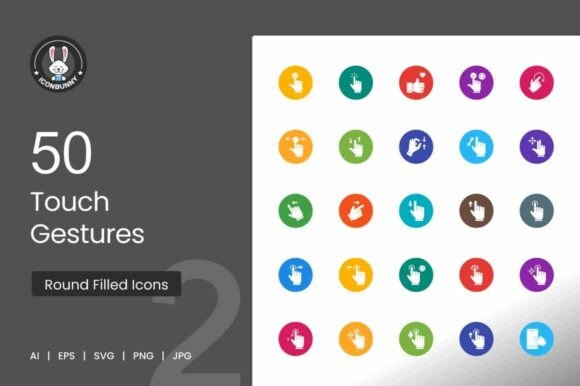 50 Touch Gestures Flat Round Icons