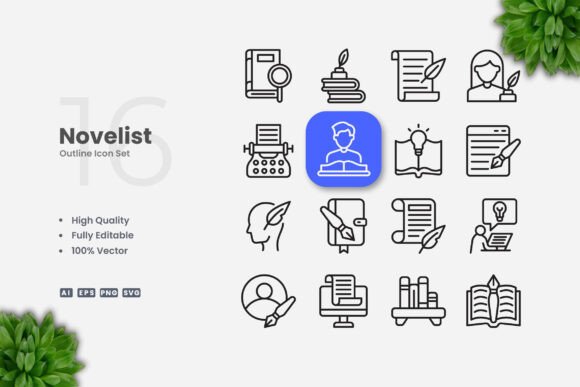 Novelist Outline Icons: Graphics and Icons for Creative Design